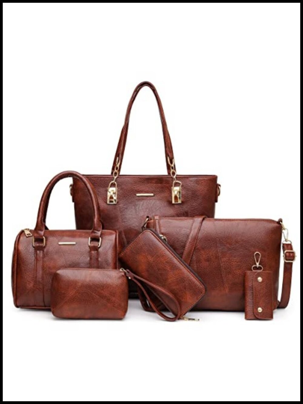 Faux Leather Satchel Tote Shoulder Bag Clutch Set - 6pc Purse Handbag Set